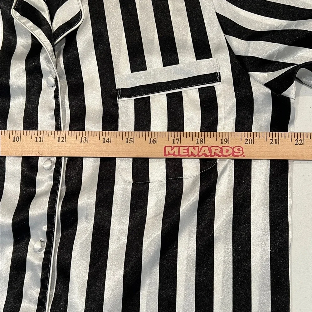 Vintage 2-Piece Black and White Striped Satin Pajama Button Top and Shorts M